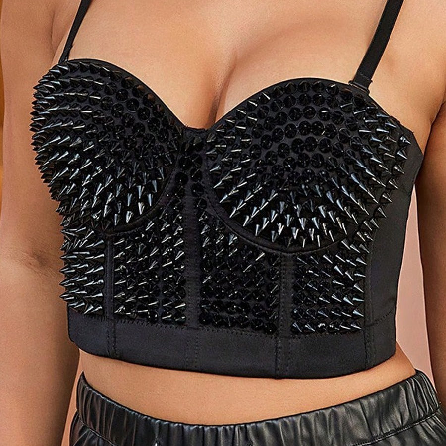 Studded Spaghetti Strap Rhinestone Bustier Style Crop Top Festival Fashion