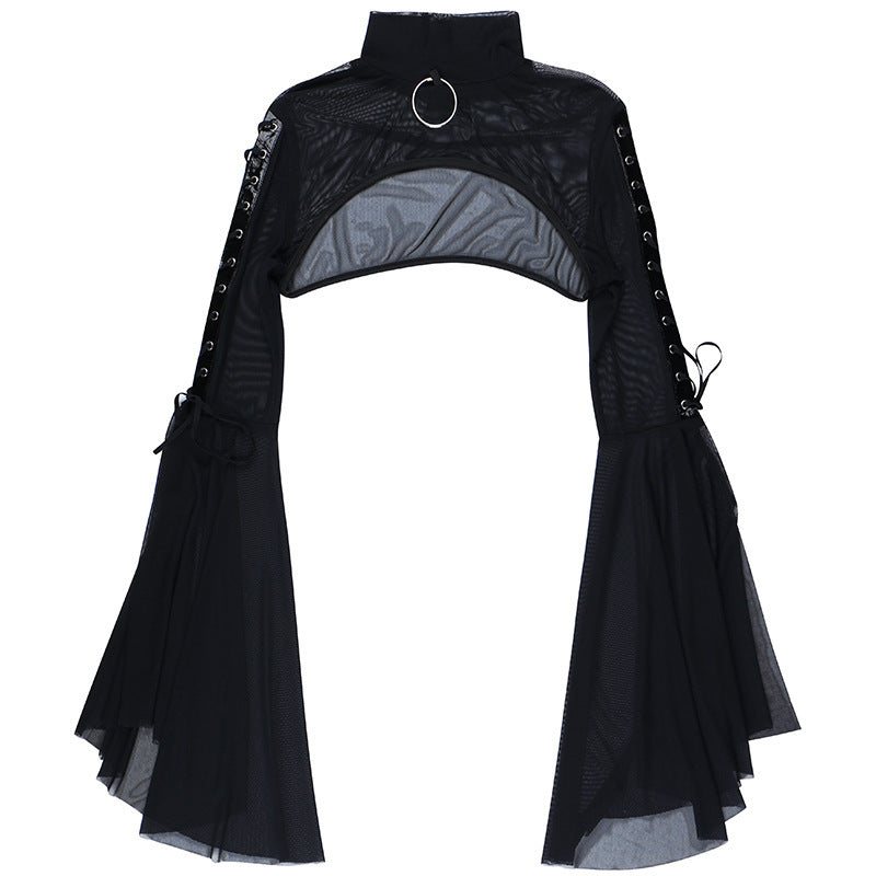 Dark Goth Style Half Turtleneck Bell Sleeve Ribbon Slim Fit Shrug Top