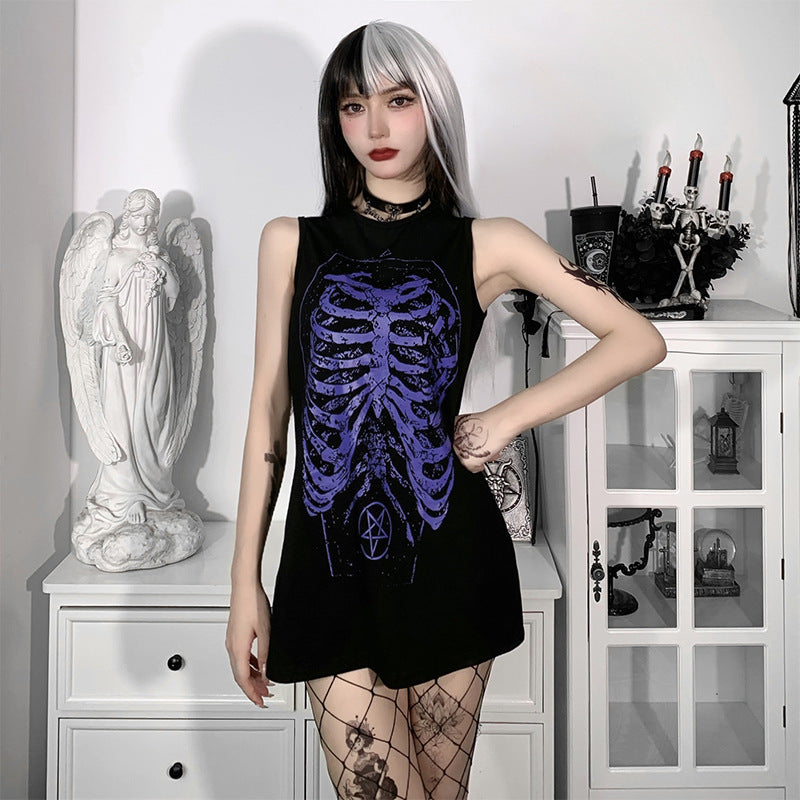 Punk Style Skeleton Ribcage Purple Printed Flowy Tunic Sleeveless Graphic Print Tank Top