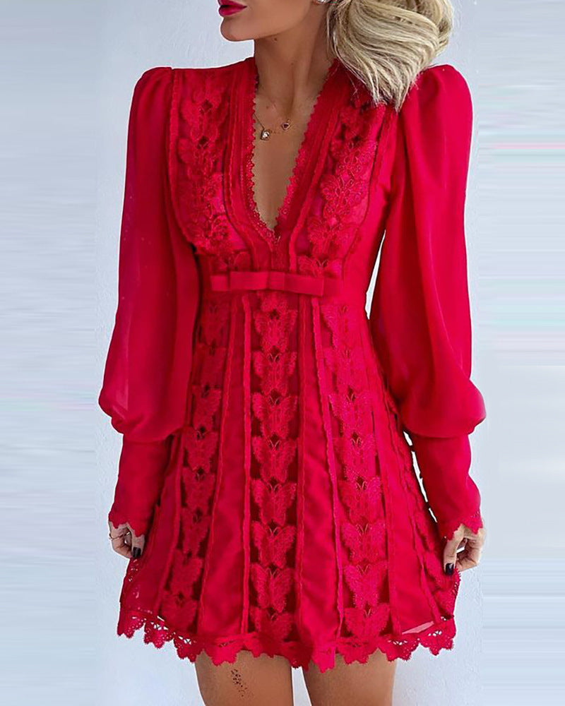 Elegant Sexy V Neck Lace Dress With Long Puff Sleeve