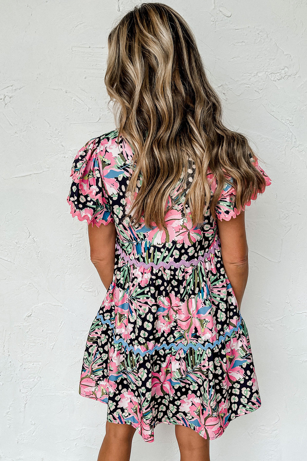 Pink Floral Print Wavy Embellished V Neck Mini Dress