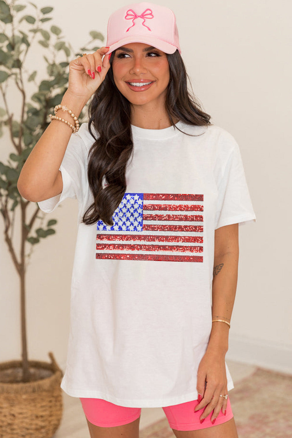 White Shimmery USA Flag Graphic Round Neck Tee