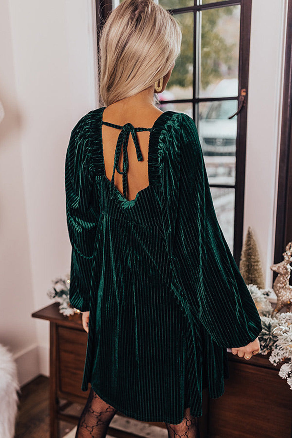 Green Square Neck Tie Back Ribbed Velvet Babydoll Dress