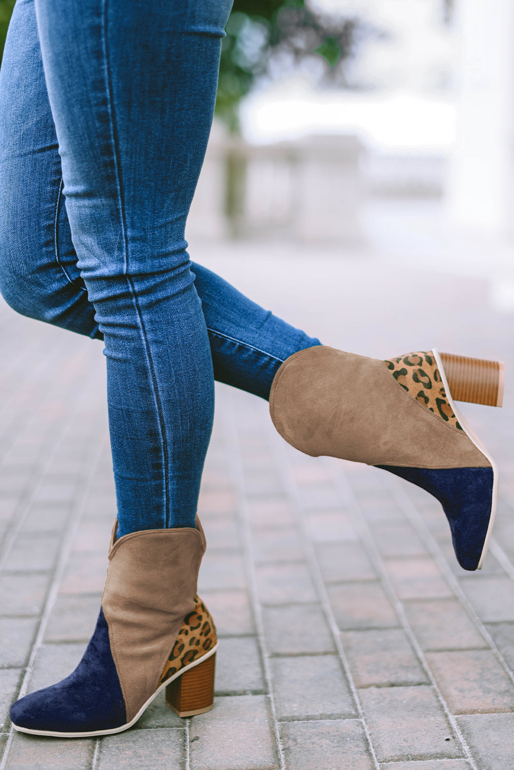 Leopard Print Color Block Patchwork Heeled Boots