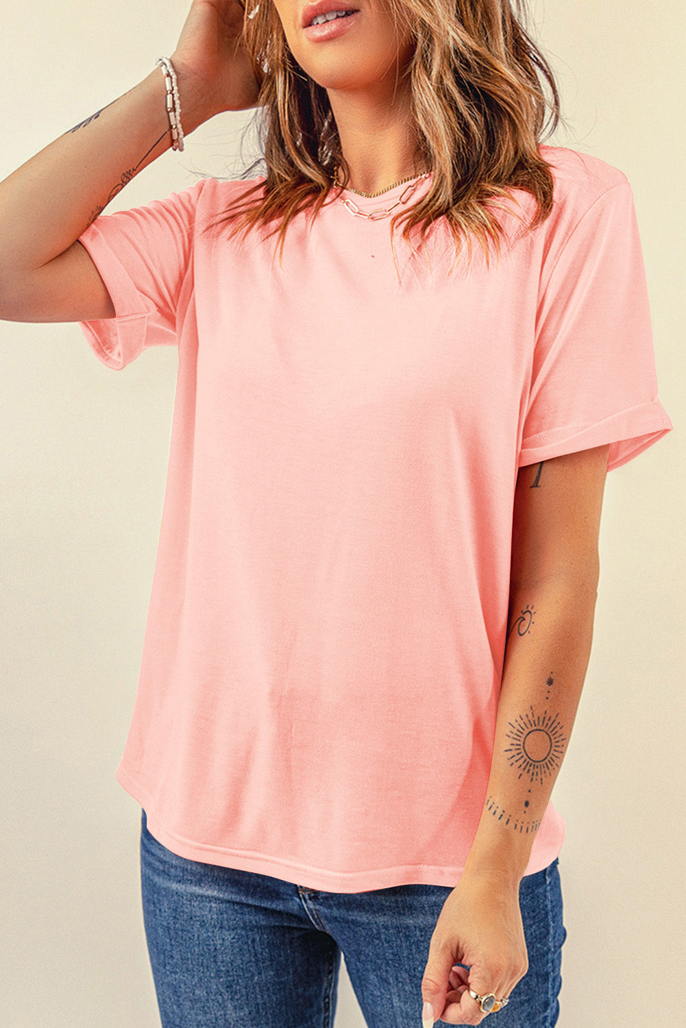 Rose Red Casual Plain Crew Neck Tee