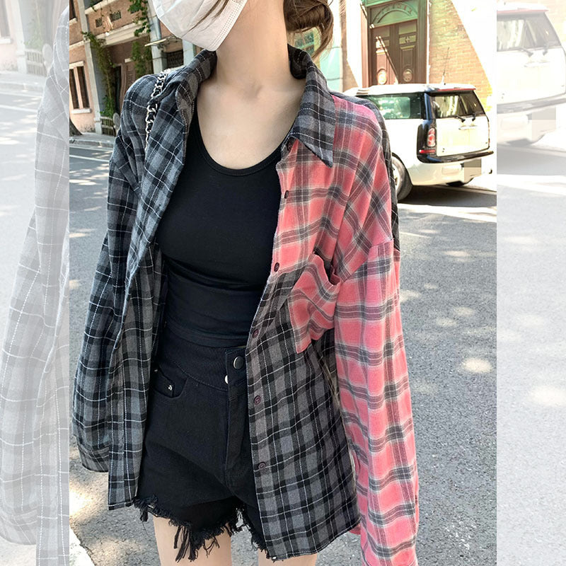 Women's Irregular Spliced Pink And Gray Patchwork Plaid Button Down Retro Shirt