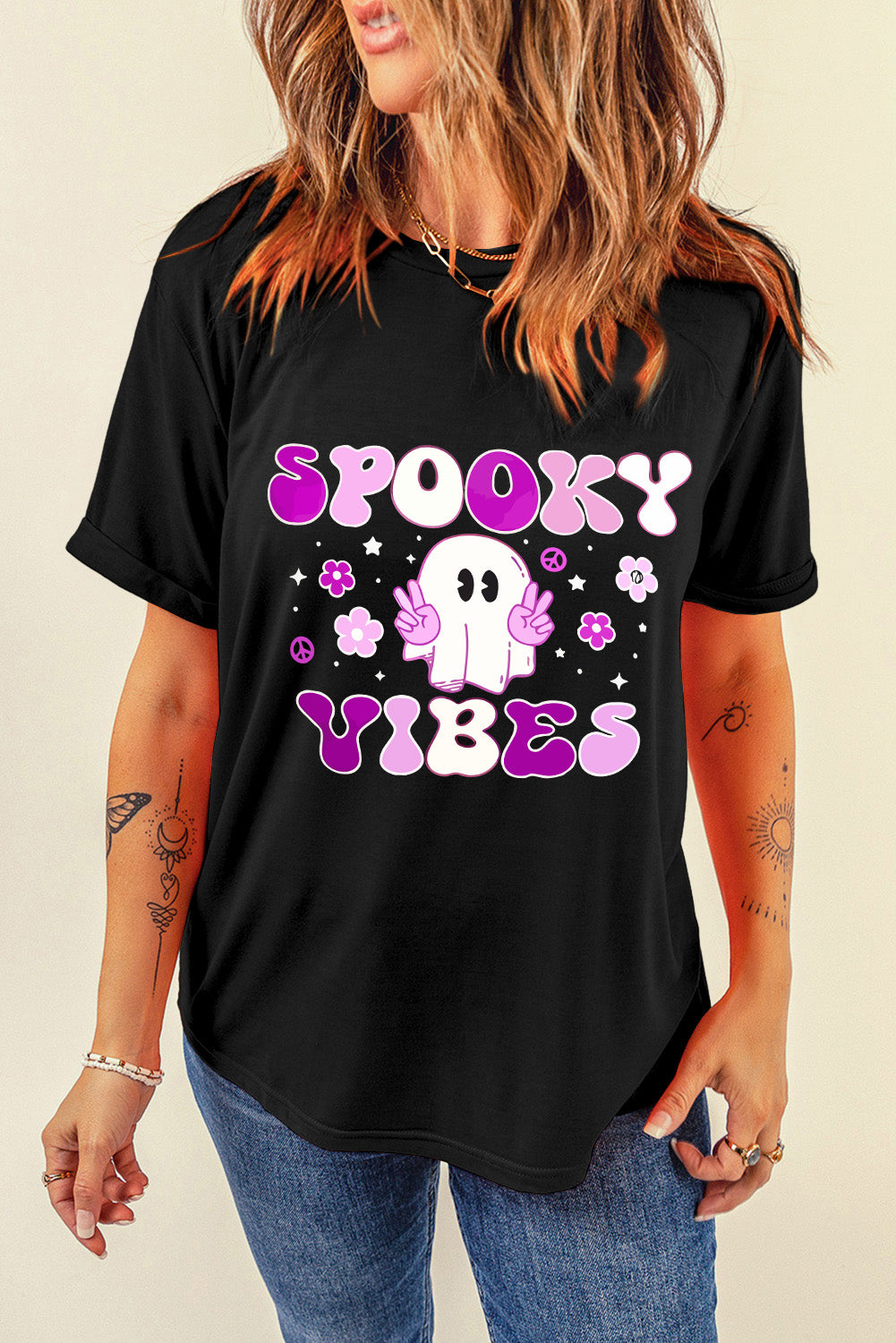 Spooky Vibes Graphic Round Neck Short Sleeve T-Shirt