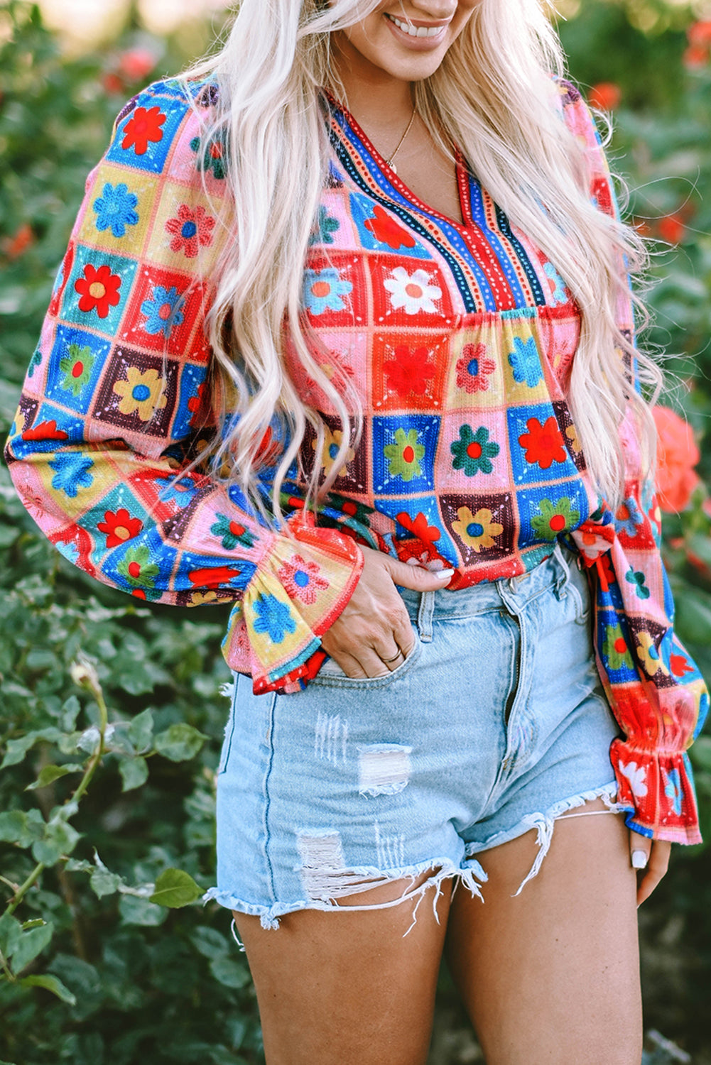 White Checkered Flower Print Boho Bubble Sleeve Blouse