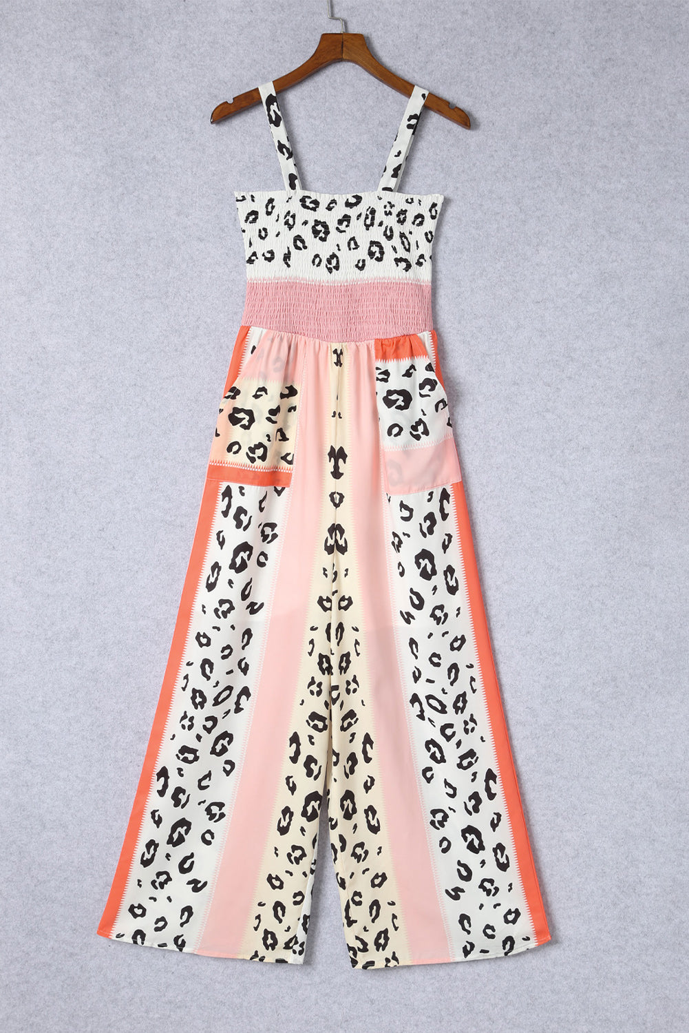 Pink Leopard Color Block Patchwork Strap Jumpsuit