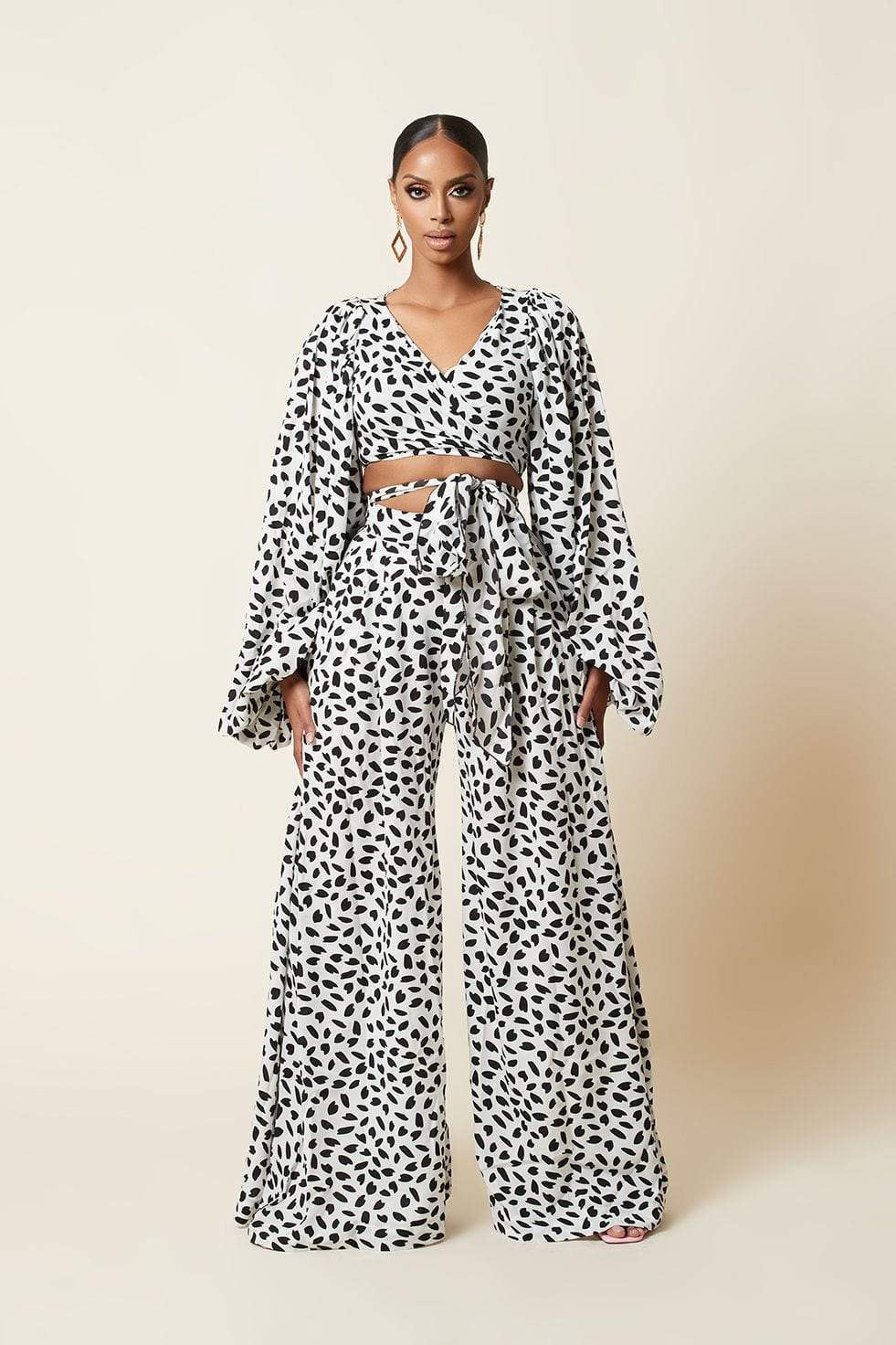 Long Sleeved Tie Around Waist All Over Print Loose Wide-leg Flowy Pants Suit Two Piece Outfit Sets