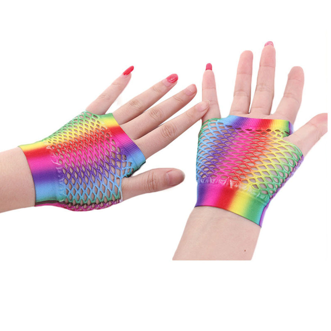 Rainbow Fishnet Short Fingerless Gloves