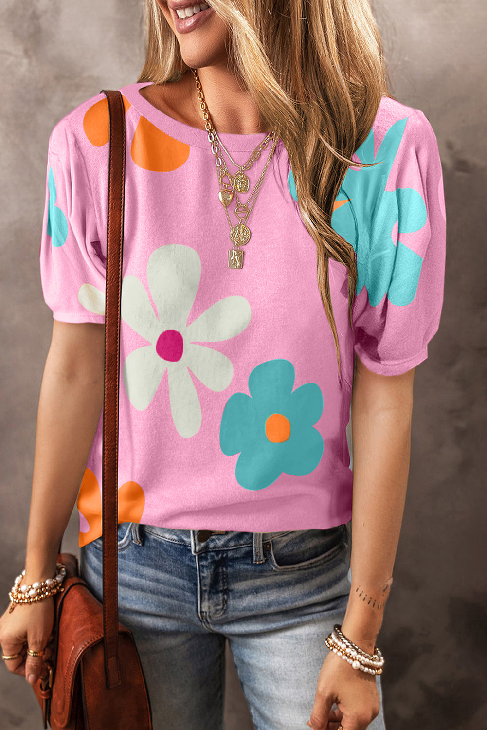 Colorful Flower Print Bubble Sleeve Tee