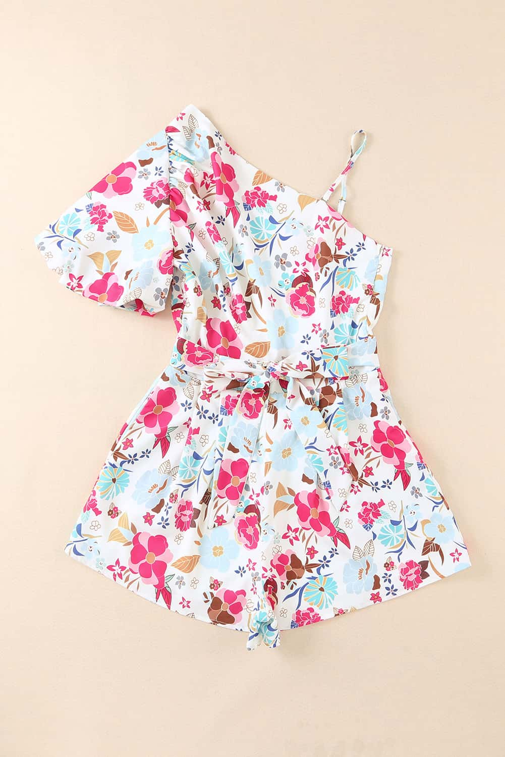 White Floral Single Bubble Sleeve Slant Shoulder Boho Romper