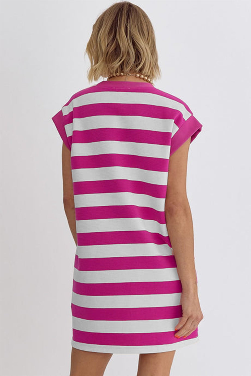 Rose Stripe Cap Sleeve Pocketed T-shirt Dress