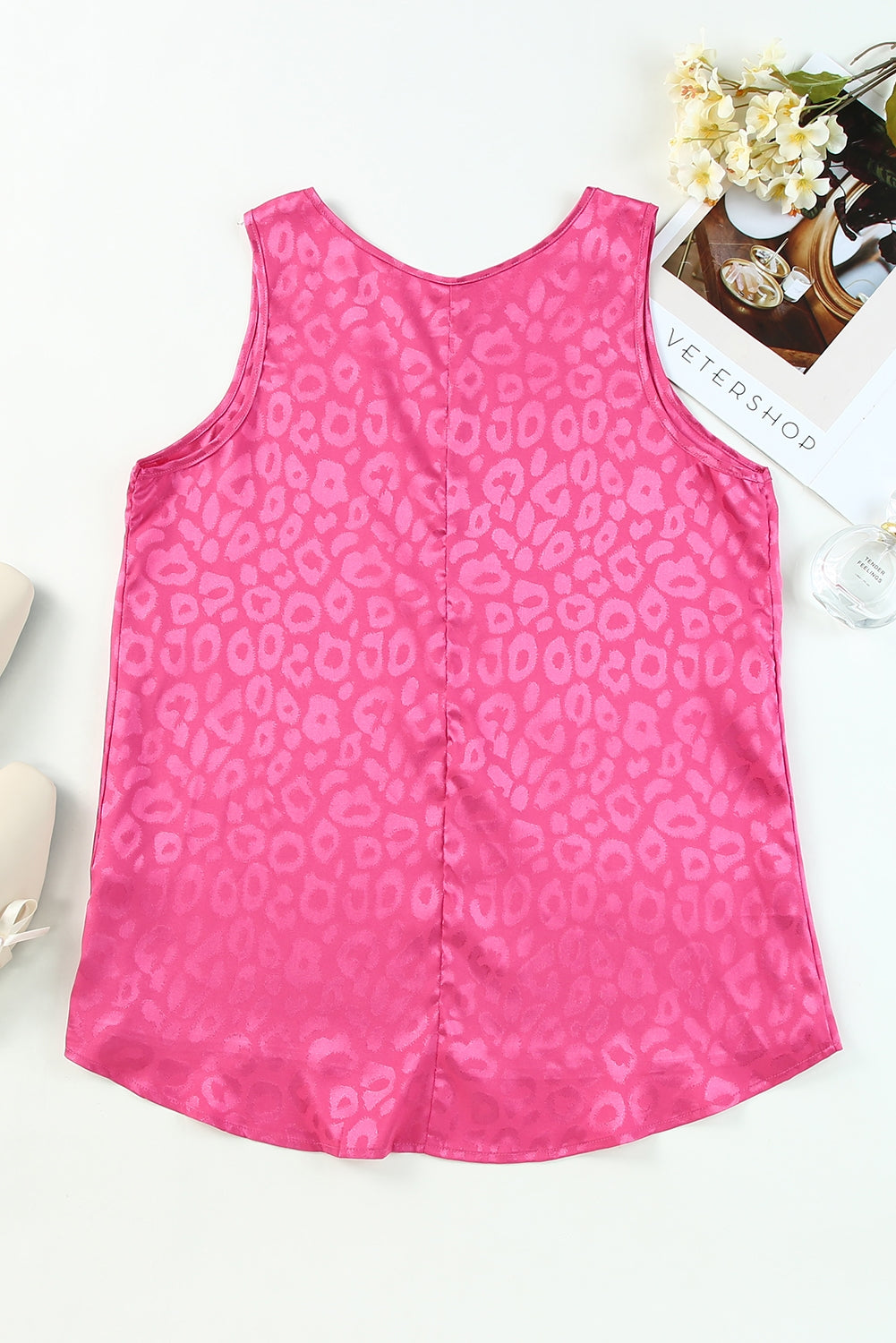 Rose Satin Leopard Casual Round Neck Tank Top