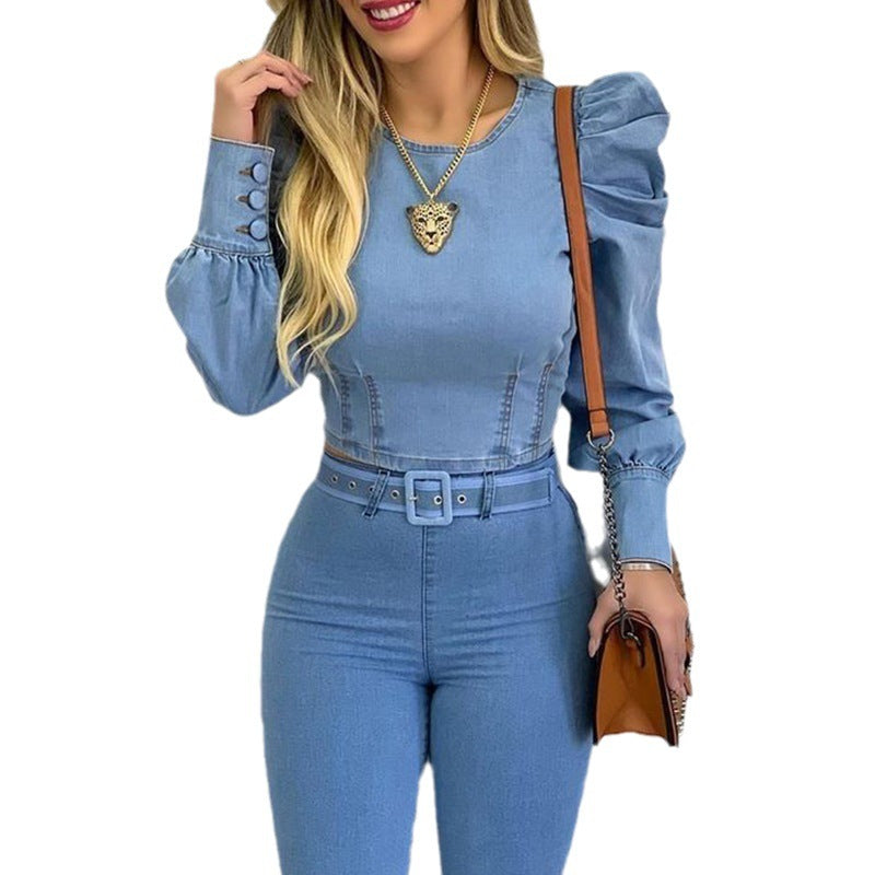 Women's Denim Long Sleeve Solid Color Short Puff Shoulder Long Sleeve Shirt