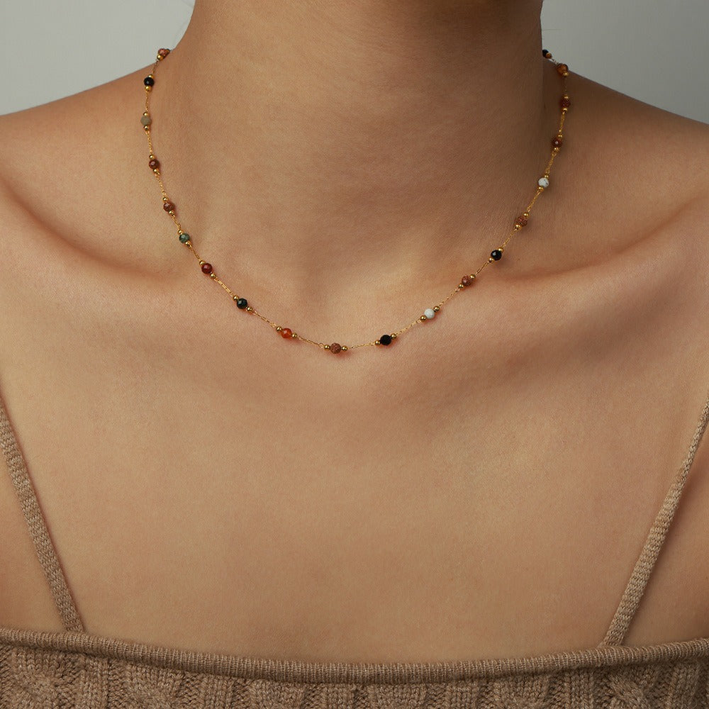 18K gold simple and elegant style stacked necklace with gemstone design