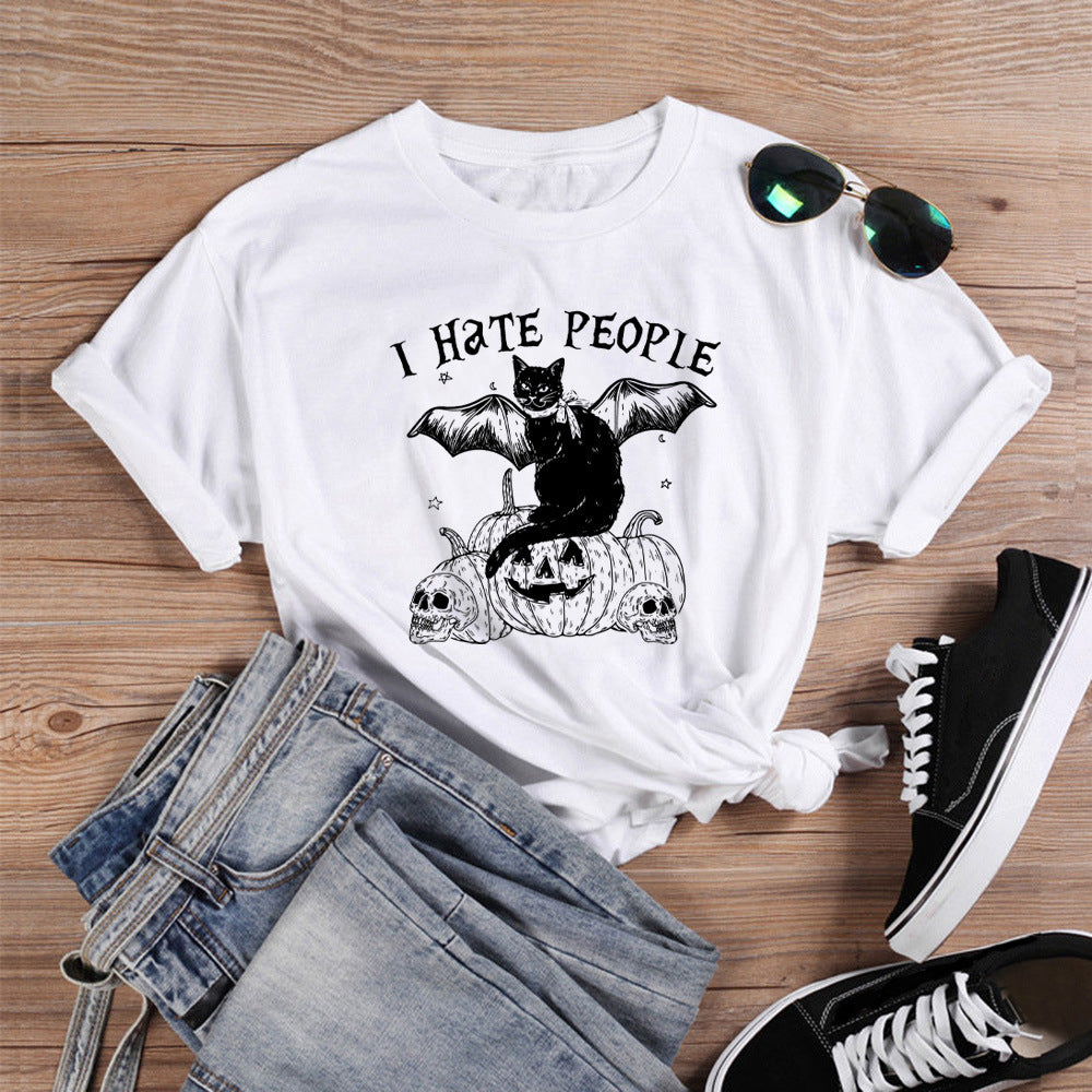 Bat Cat Casual Round Neck Short Sleeved Graphic Print Tee Shirt