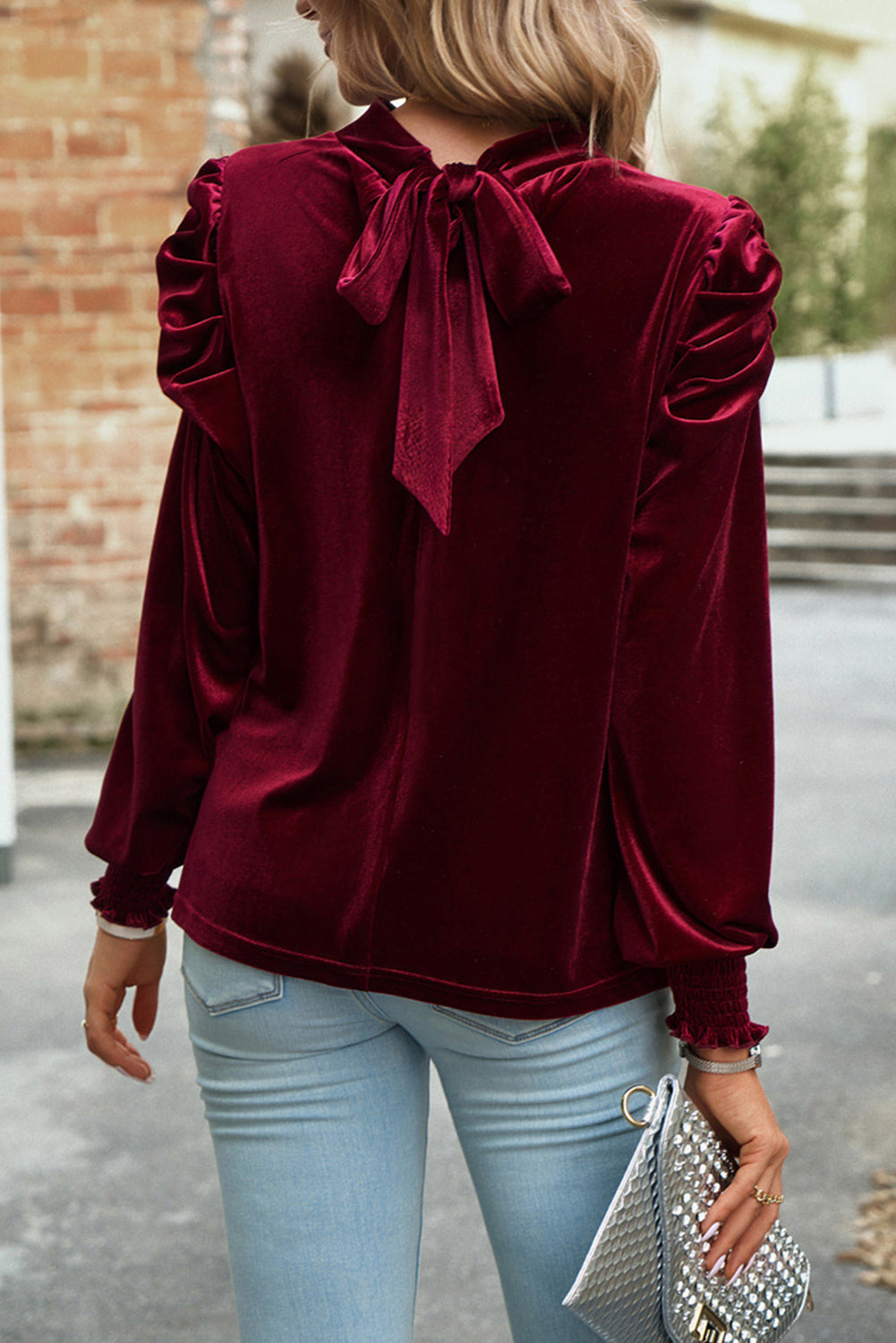 Peach Blossom Fiery Mock Neck Puff Sleeve Velvet Blouse