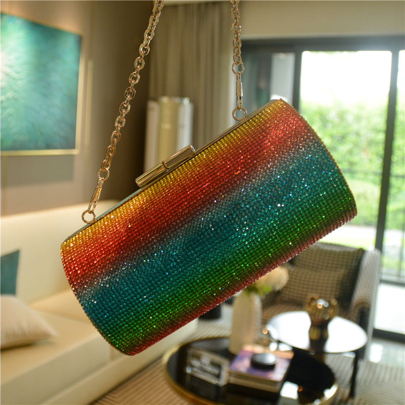 Rainbow Gradient Luxury Rhinestone Bling Party Clutch Evening Bag With Shoulder Chain