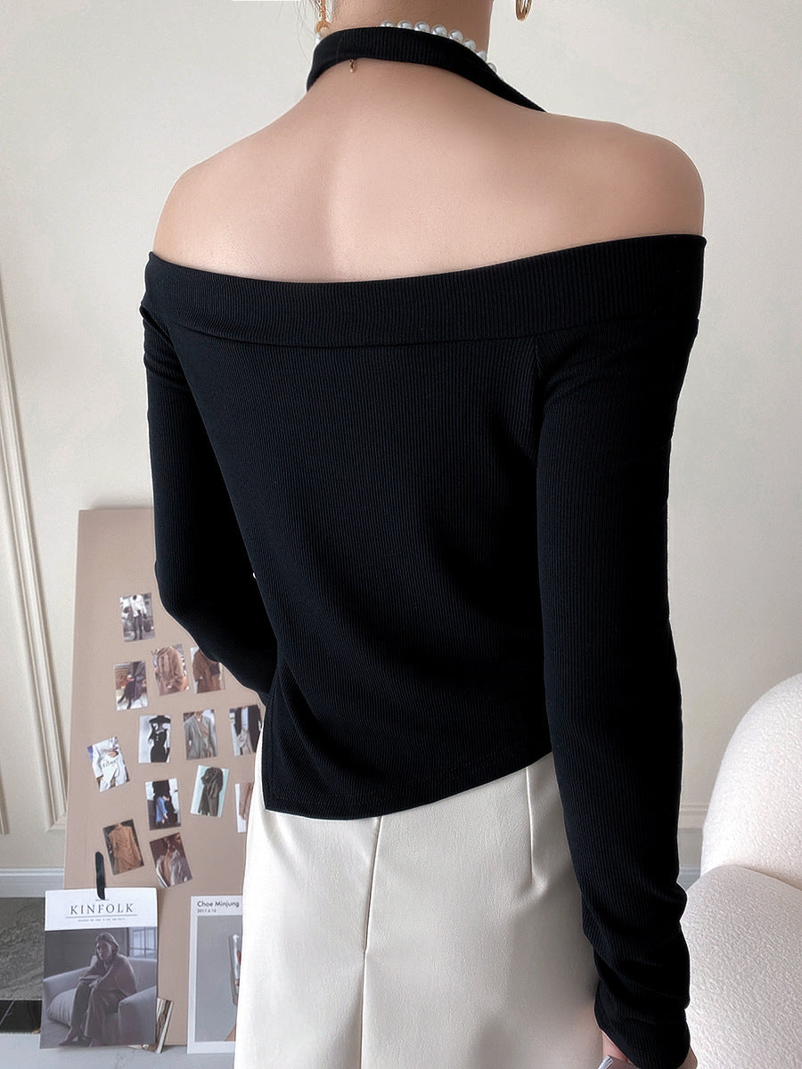 Women's Halter Neck Off The Shoulder With Long Sleeve Irregular Pattern Hem Blouse