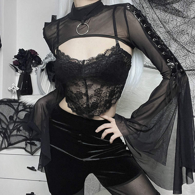 Dark Goth Style Half Turtleneck Bell Sleeve Ribbon Slim Fit Shrug Top