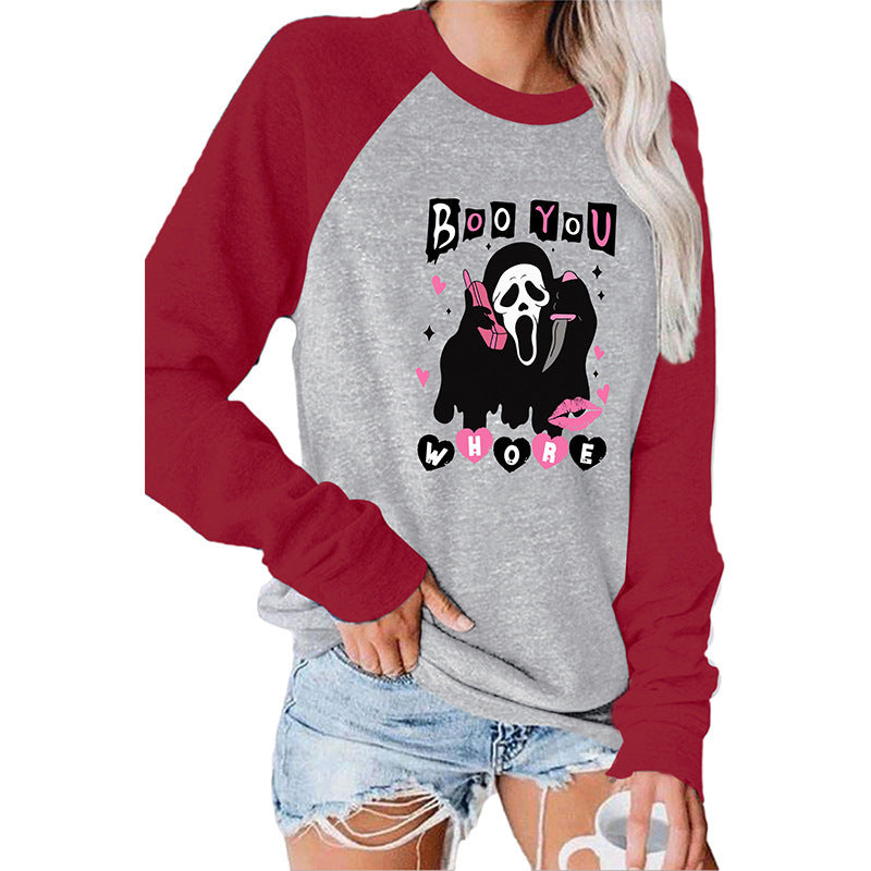 Boo You Horror Round Neck Long Sleeved Graphic Print Tee Shirts