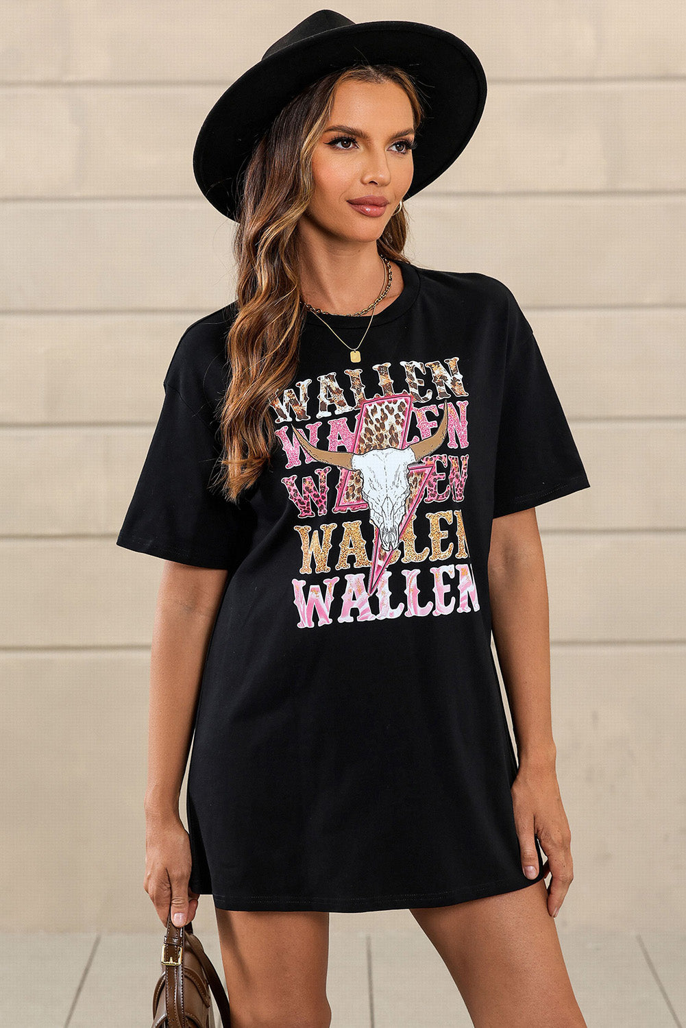 Black WALLEN Letter Print Animal Graphic Oversized Tee