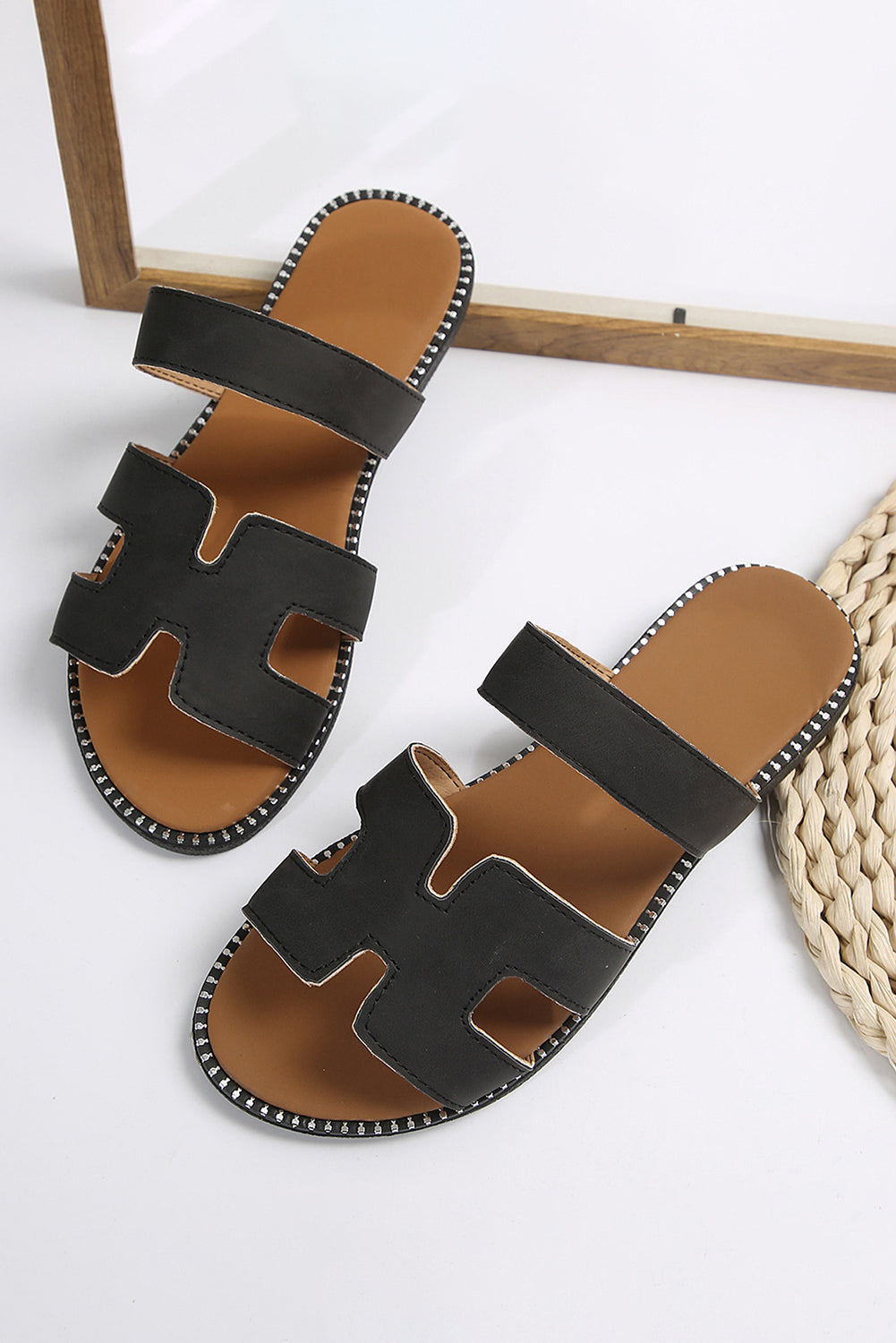 Black Leather H Band Flat Slip On Slide Sandals