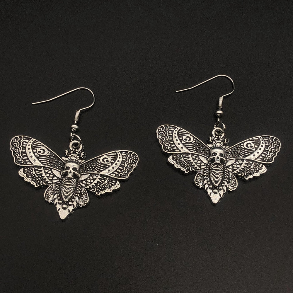 Gothic Silver Skull Moth Earrings