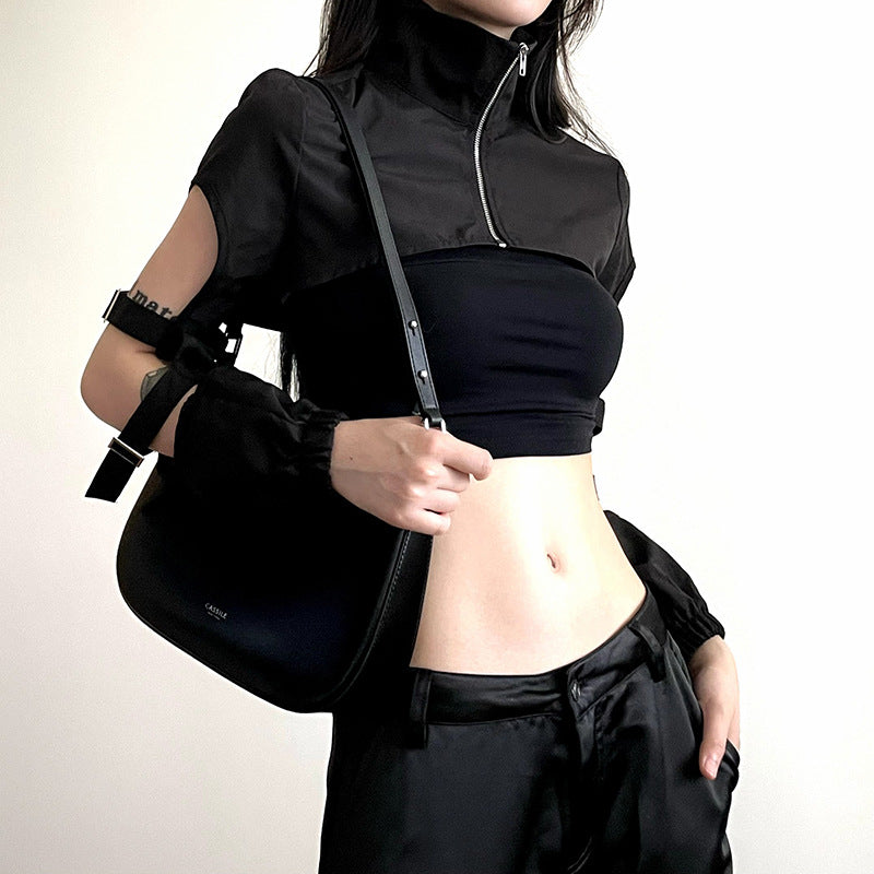 Dark Style Irregular Short Cropped Zip Collar Top Buckled Open Lantern Sleeve