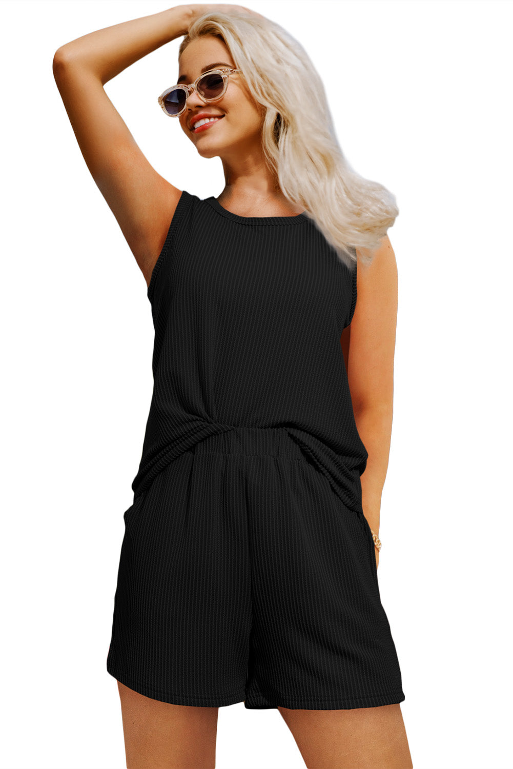 Black Corded Sleeveless Top and Pocketed Shorts Set