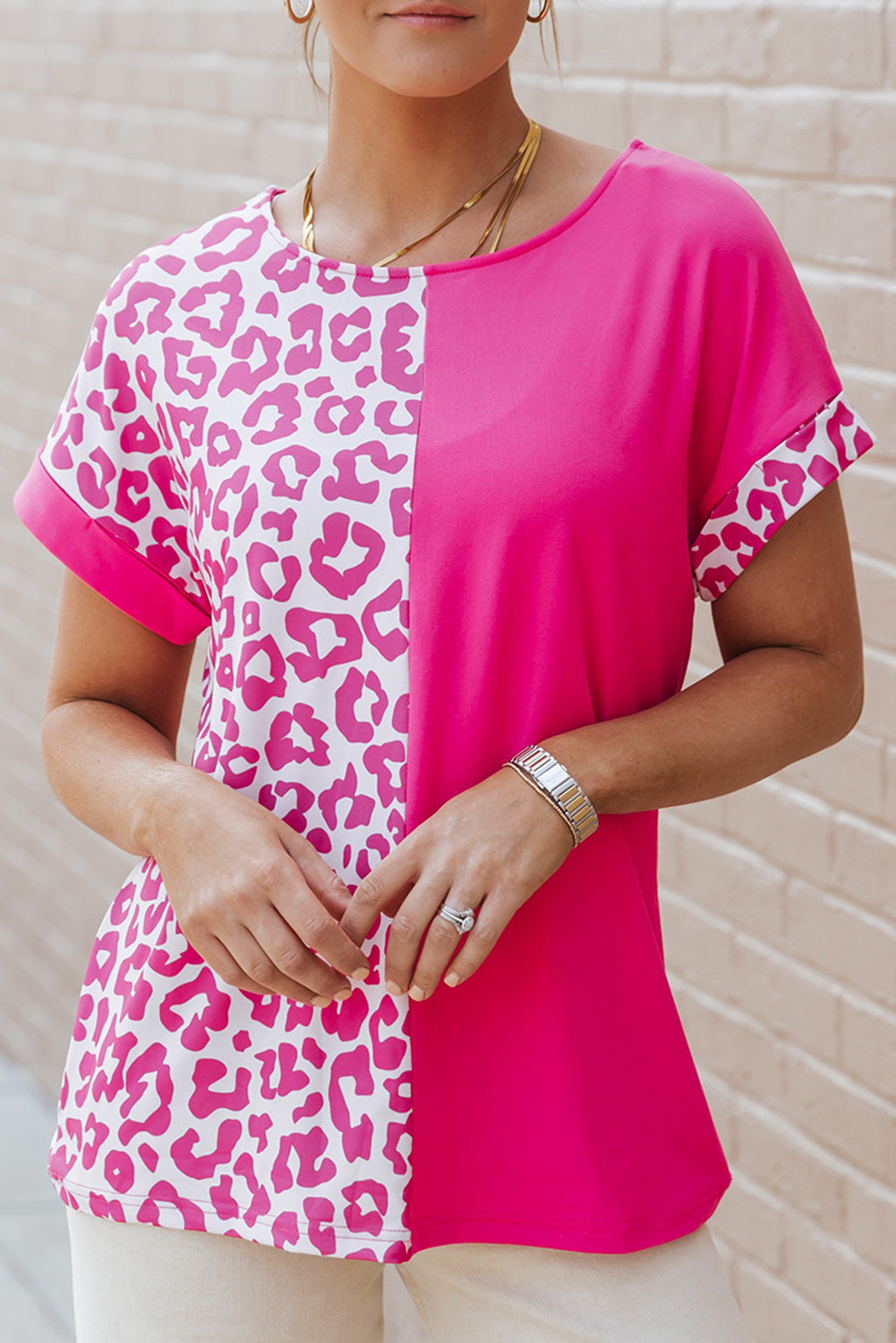 Rosy Leopard Print Top Color Block Rolled Up Sleeve Casual T Shirt