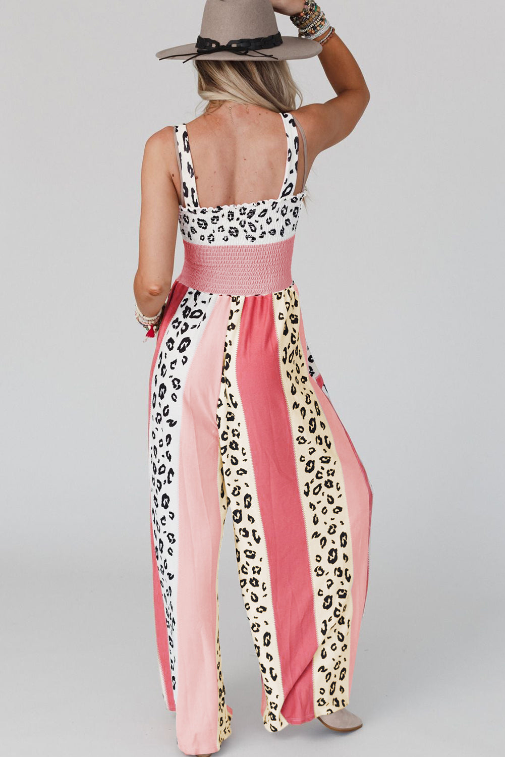 Pink Leopard Color Block Patchwork Strap Jumpsuit