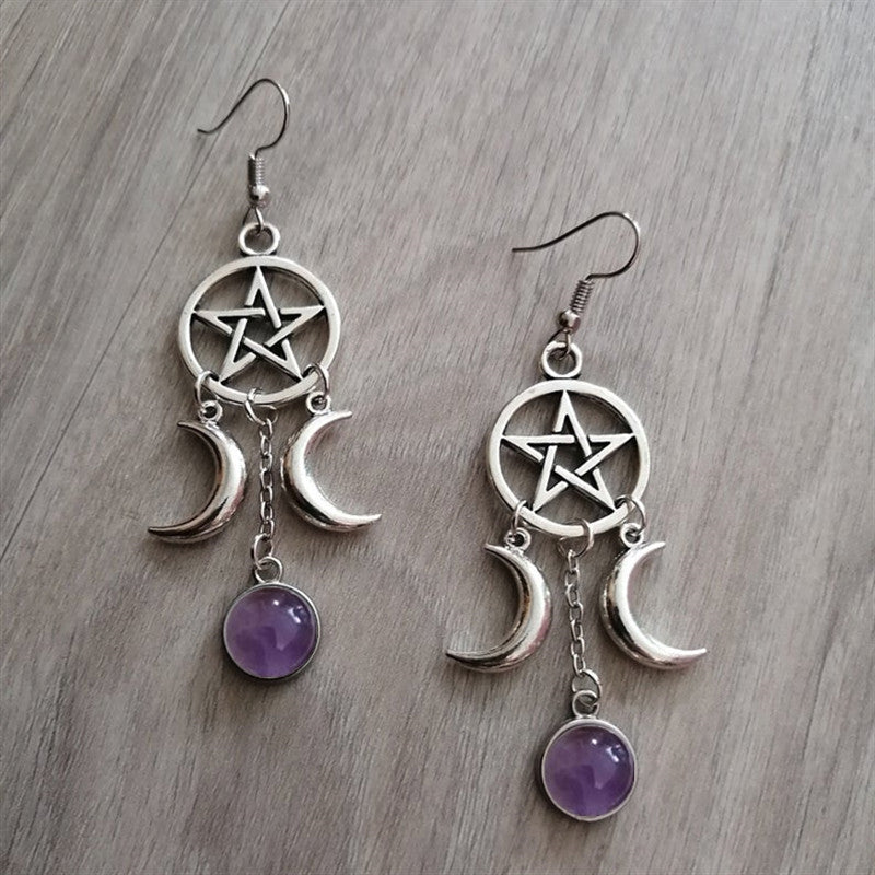 Five-pointed Star Purple Stone Crescent Moon Drop Earrings Natural Stone