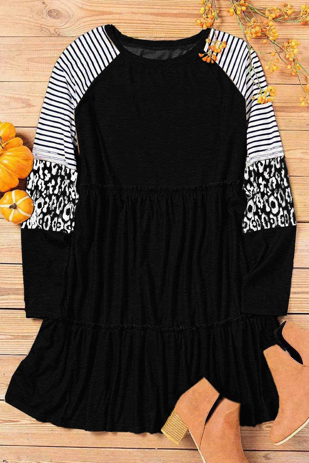 Black Striped Leopard Patchwork Pleated Long Sleeve Dress