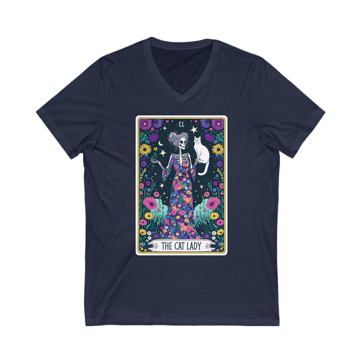 The Cat Lady Funny Skeleton Tarot Card Unisex Jersey Short Sleeve V-Neck Tee