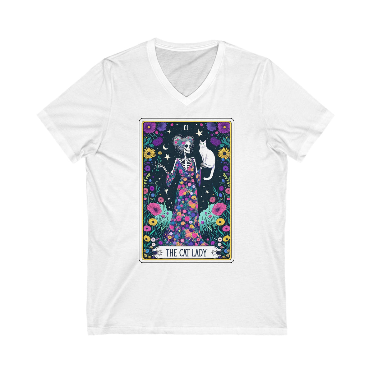 The Cat Lady Funny Skeleton Tarot Card Unisex Jersey Short Sleeve V-Neck Tee