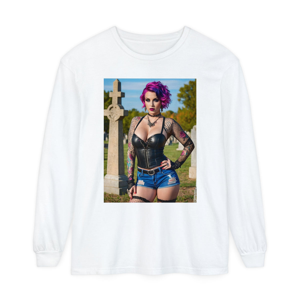 Goth Graveyard Girl - Design Fourteen- Unisex Garment-dyed Long Sleeve T-Shirt