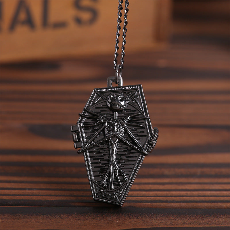 Thin Chain Black Silver Skull Brat Coffin Pocket Watch