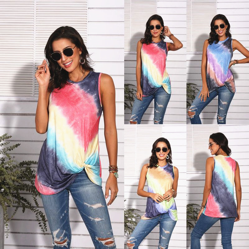 Tie Dyed Gradient Print Knotted Bottom Sleeveless Tank Top Style Shirt