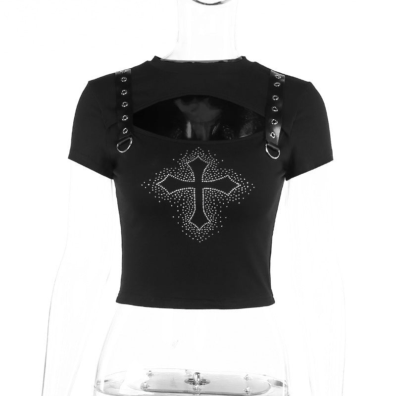 O-neck Short Street Style Trendy Slim Fit Hollow Cut Out Cross Short Sleeve Crop Top T-shirt