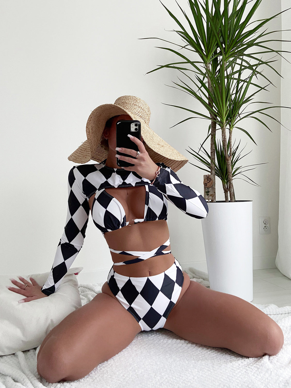 Ladies Three Piece Black And White Diamond Check Long Sleeve Shrug Tie Around Waist Bikini Swimwear Set