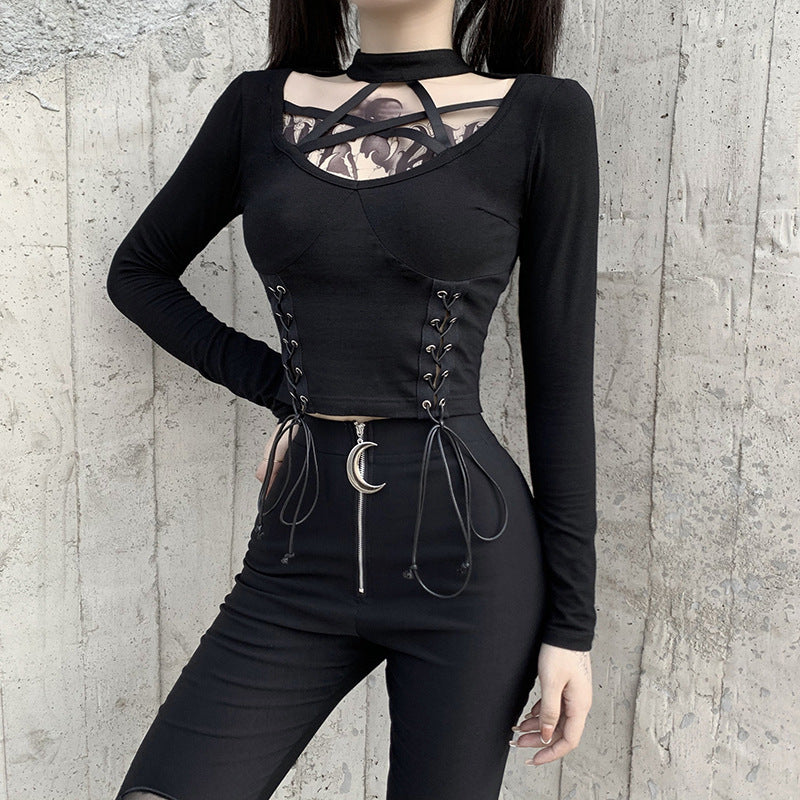 Pentagram Pattern Strappy Long Sleeve Lace Up Style Top