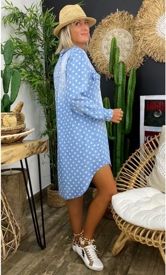 All Over Star Print Faded Denim Shirt Dress