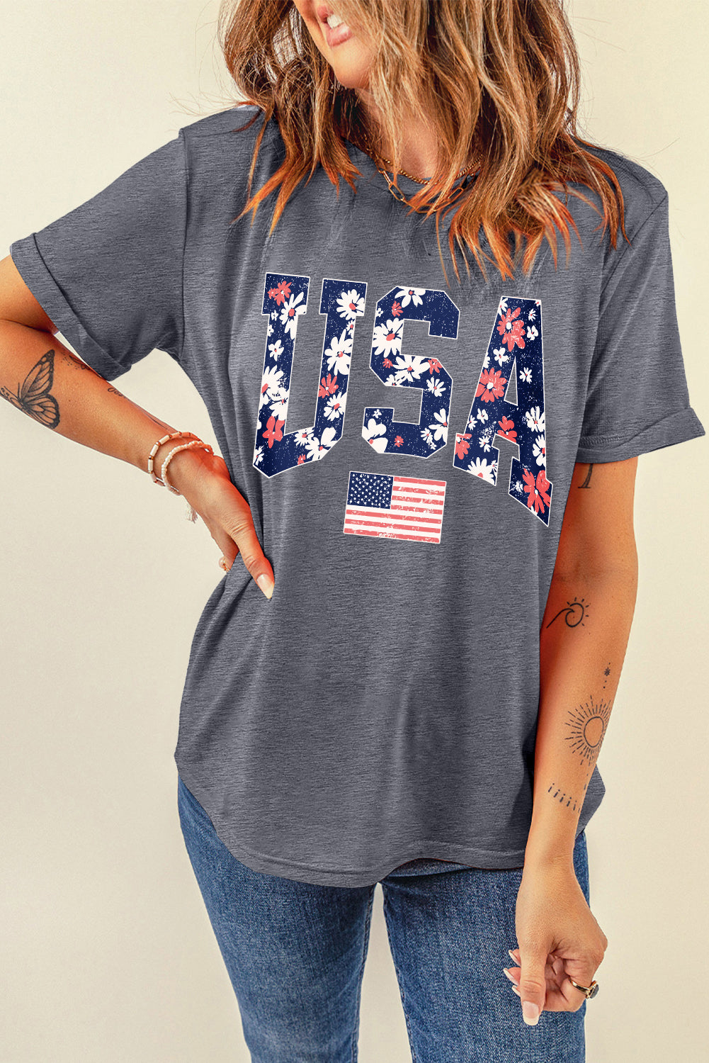 Gray Floral USA Flag Graphic Roll Up Sleeve Tee