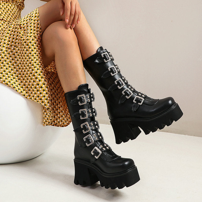 Punk Style Front Buckle Detail Regular Platform Women's Boots