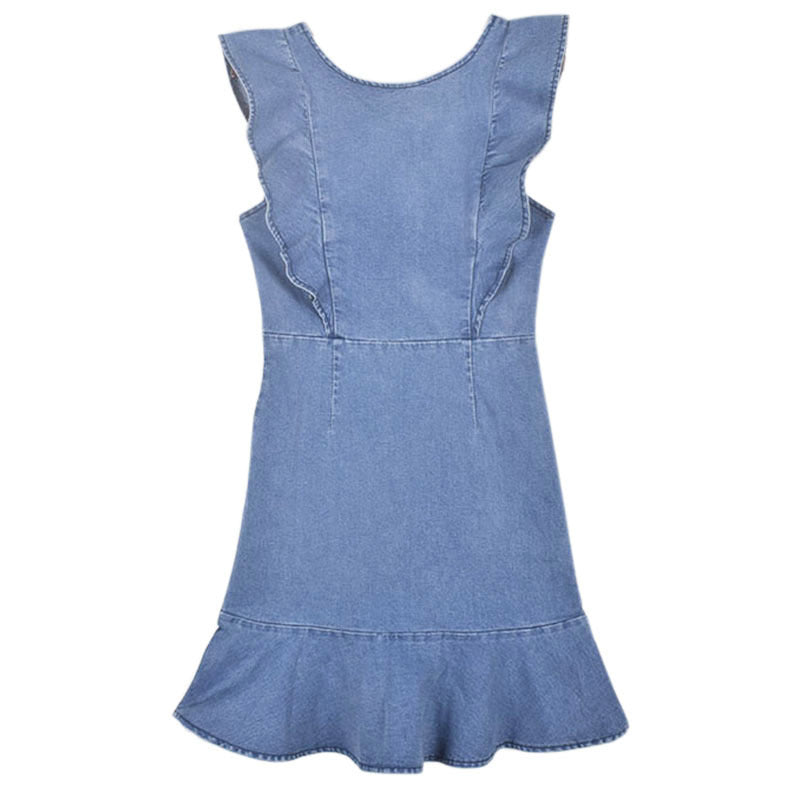 Ruffled Front Sleeve And Skirt Detailed Denim Minidress