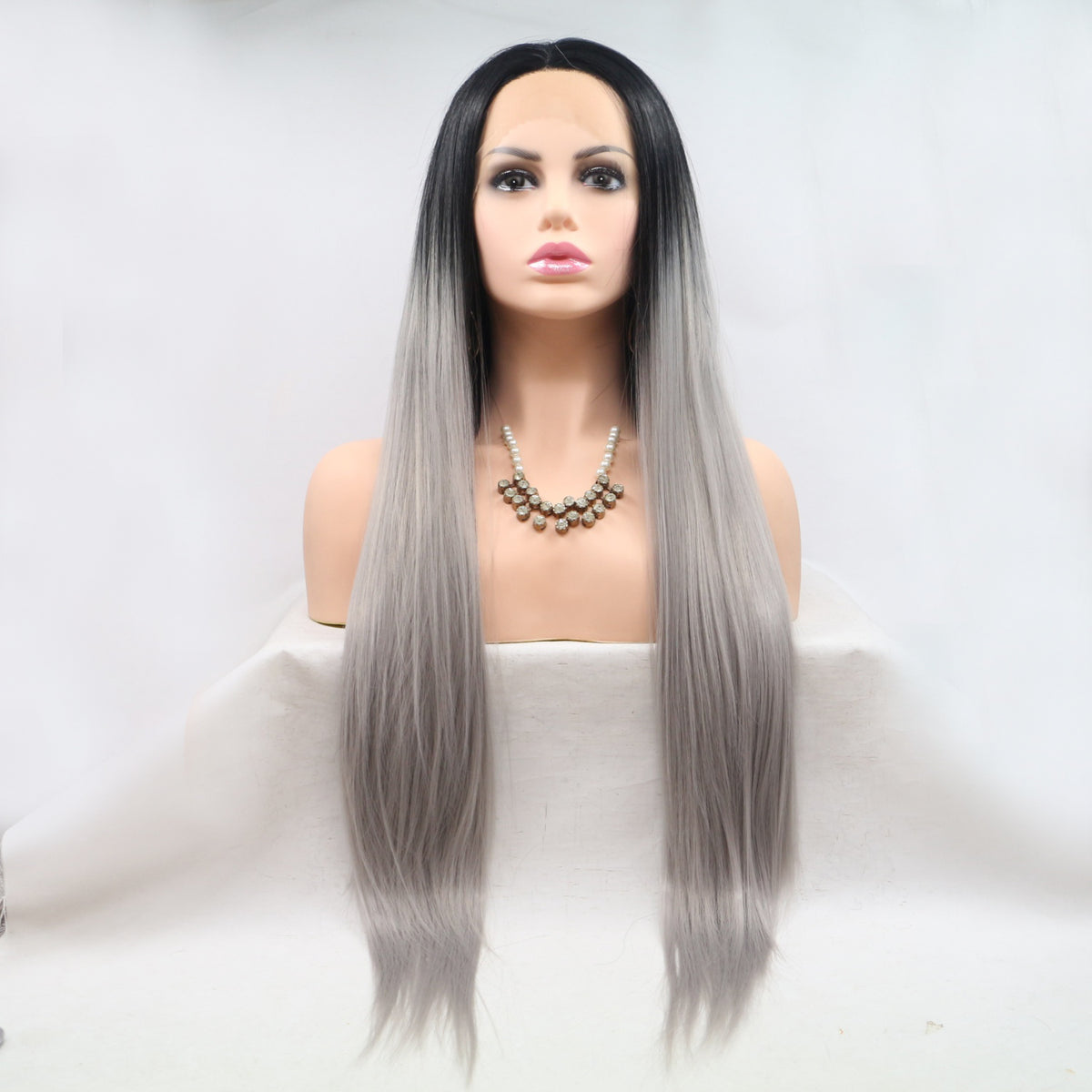 13x3" Lace Front Wigs Synthetic Long Straight 24" 130% Density Black to Gray Ombre