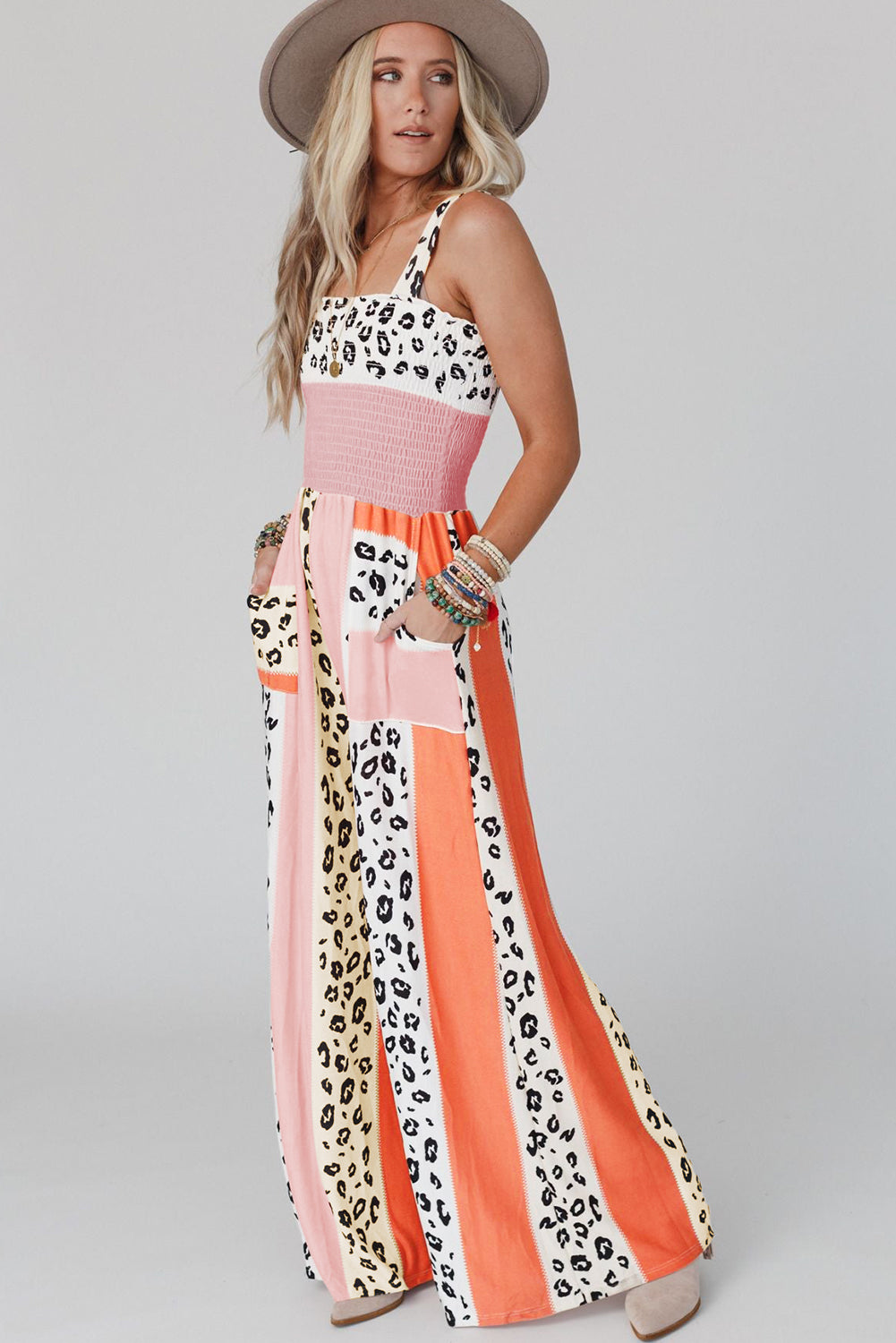 Pink Leopard Color Block Patchwork Strap Jumpsuit